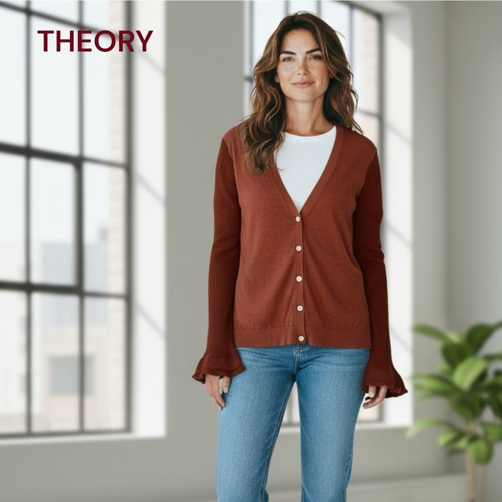 THEORY BROWN RUST CARDIGAN SWEATER LIGHTWEIGHT sm